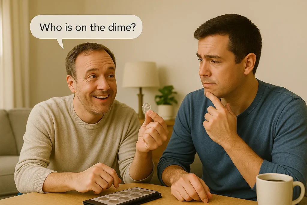 Two friends enjoy a casual discussion about dimes, with one asking “Who is on the dime?” as they guess the figure together.