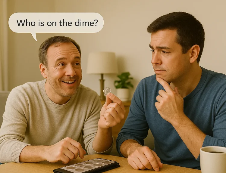 Two friends enjoy a casual discussion about dimes, with one asking “Who is on the dime?” as they guess the figure together.