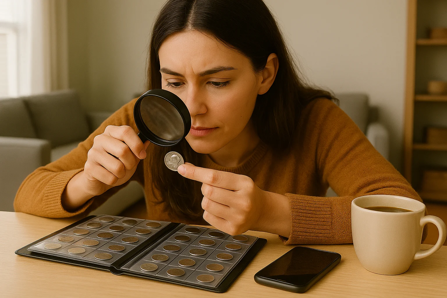 A young collector closely examines an old dime through a magnifying glass, exploring the coin’s history and portrait.