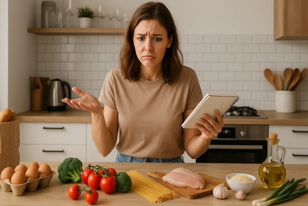 A young woman stands in the kitchen holding a notebook, looking confused as she tries to remember what meal she planned to cook.