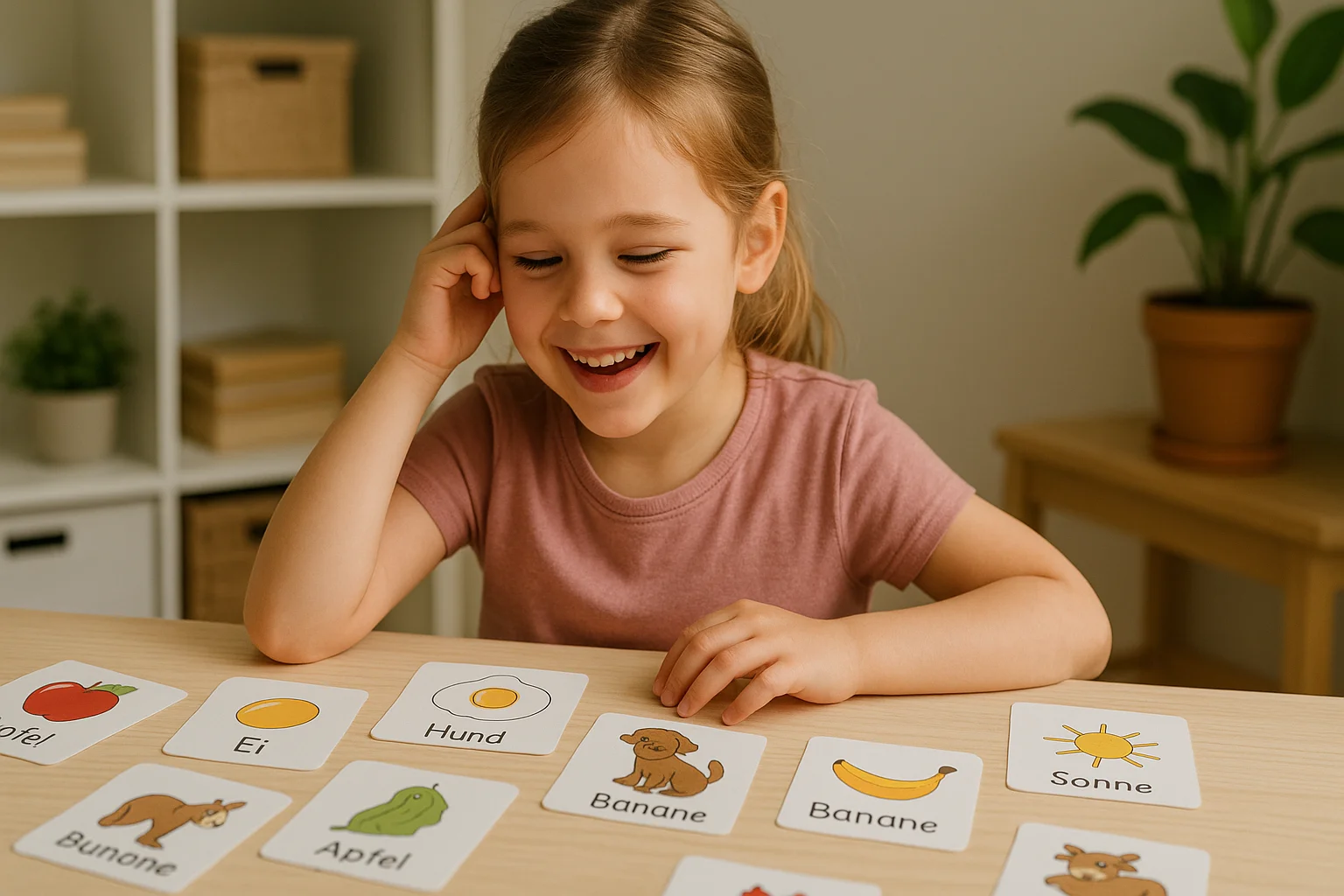 A little girl smiles while learning German words with picture flashcards, making playful associations to help her memory.
