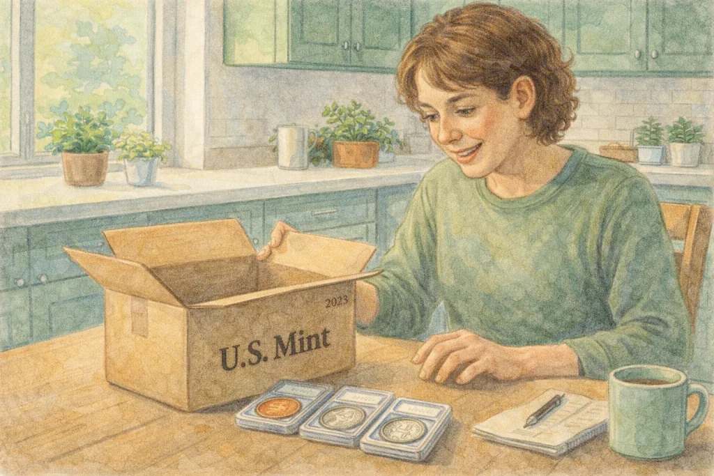 Young collectors stand excitedly, discussing new purchases from the coin shop.