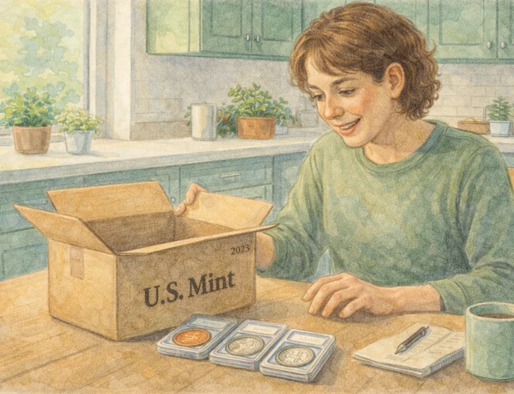 Young collectors stand excitedly, discussing new purchases from the coin shop.