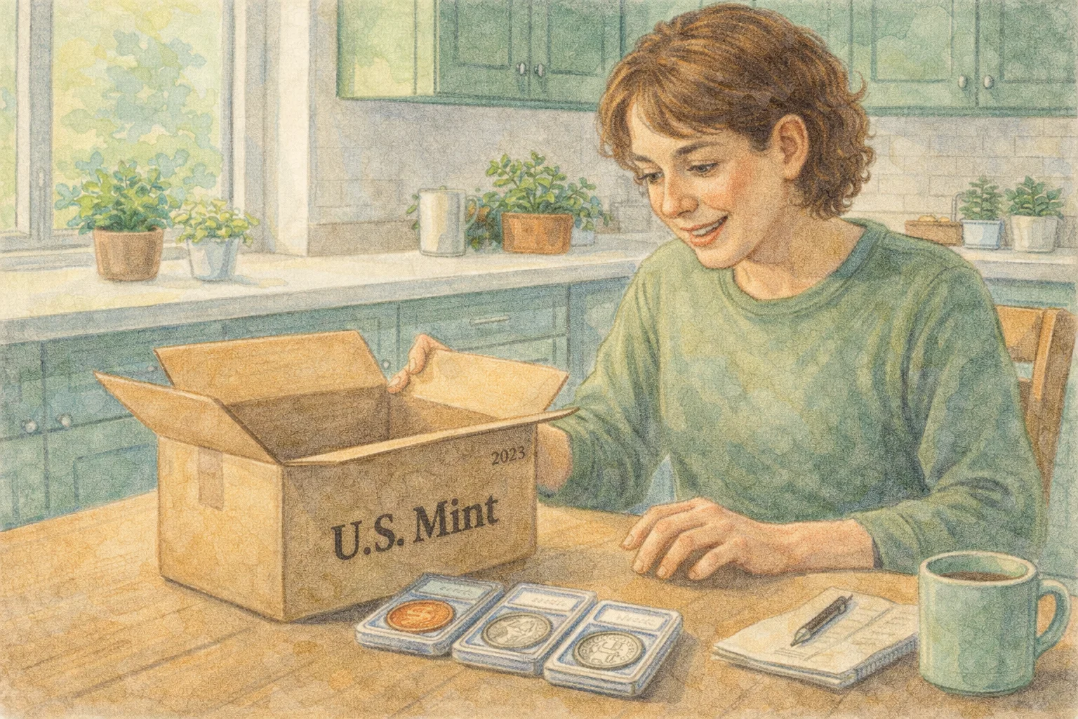 Young collectors stand excitedly, discussing new purchases from the coin shop.