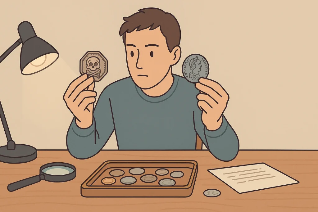 A collector compares a true Spanish real with a fan movie replica.