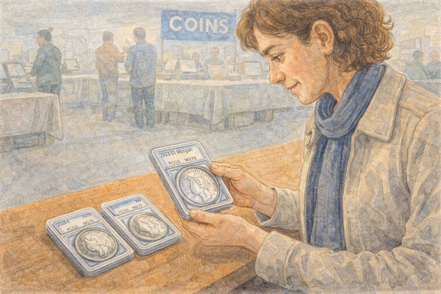 A collector conducts research at night, looking through the latest auction records..