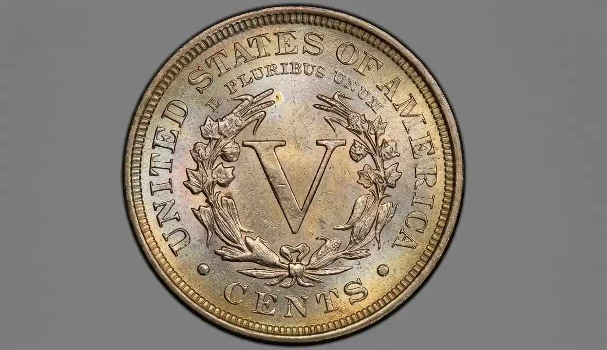 Reverse side V of a 1905 nickel in sharp focus
